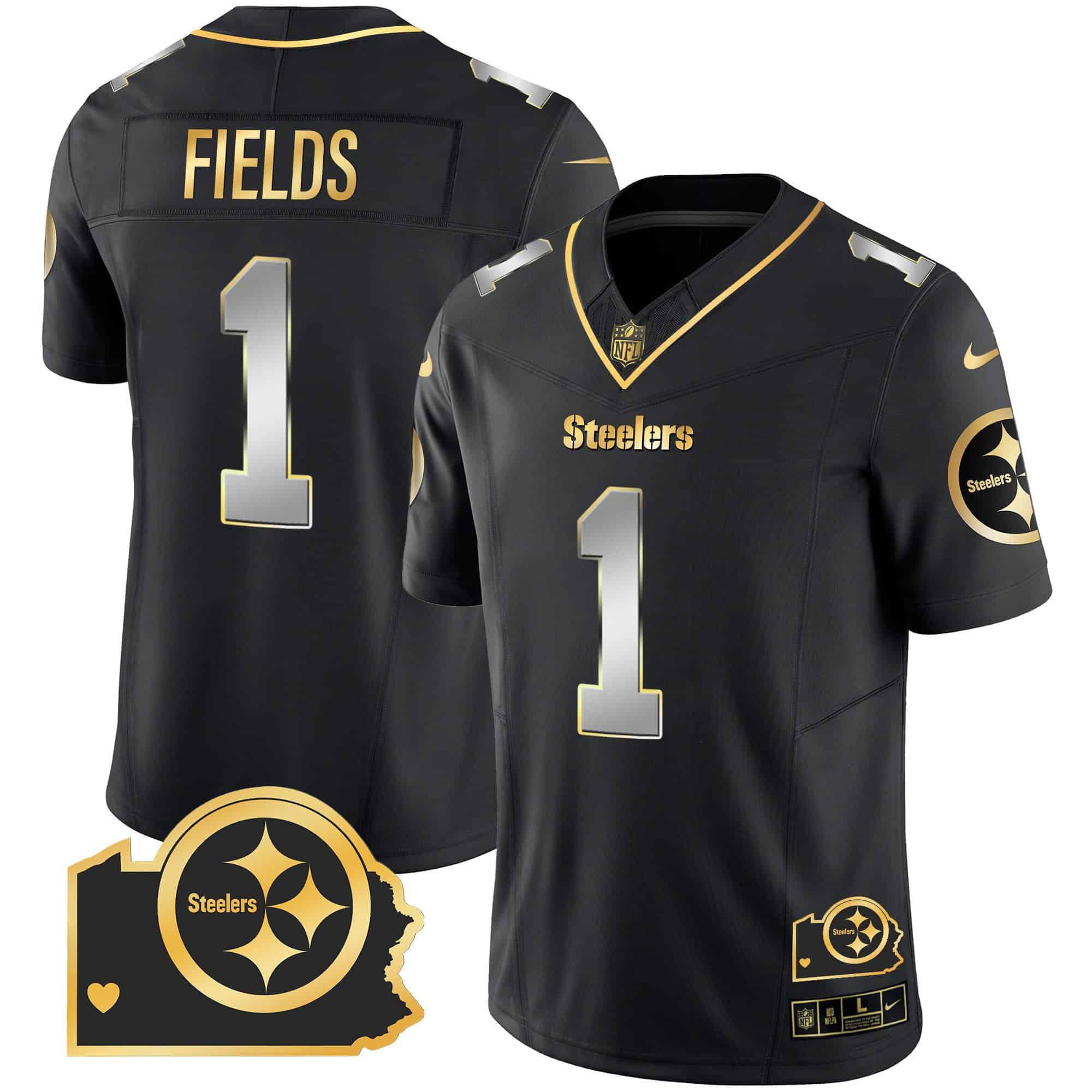 Men Pittsburgh Steelers 1 Fields Black Gold 2024 Nike Home Patch Vapor Limited NFL Jersey style 1